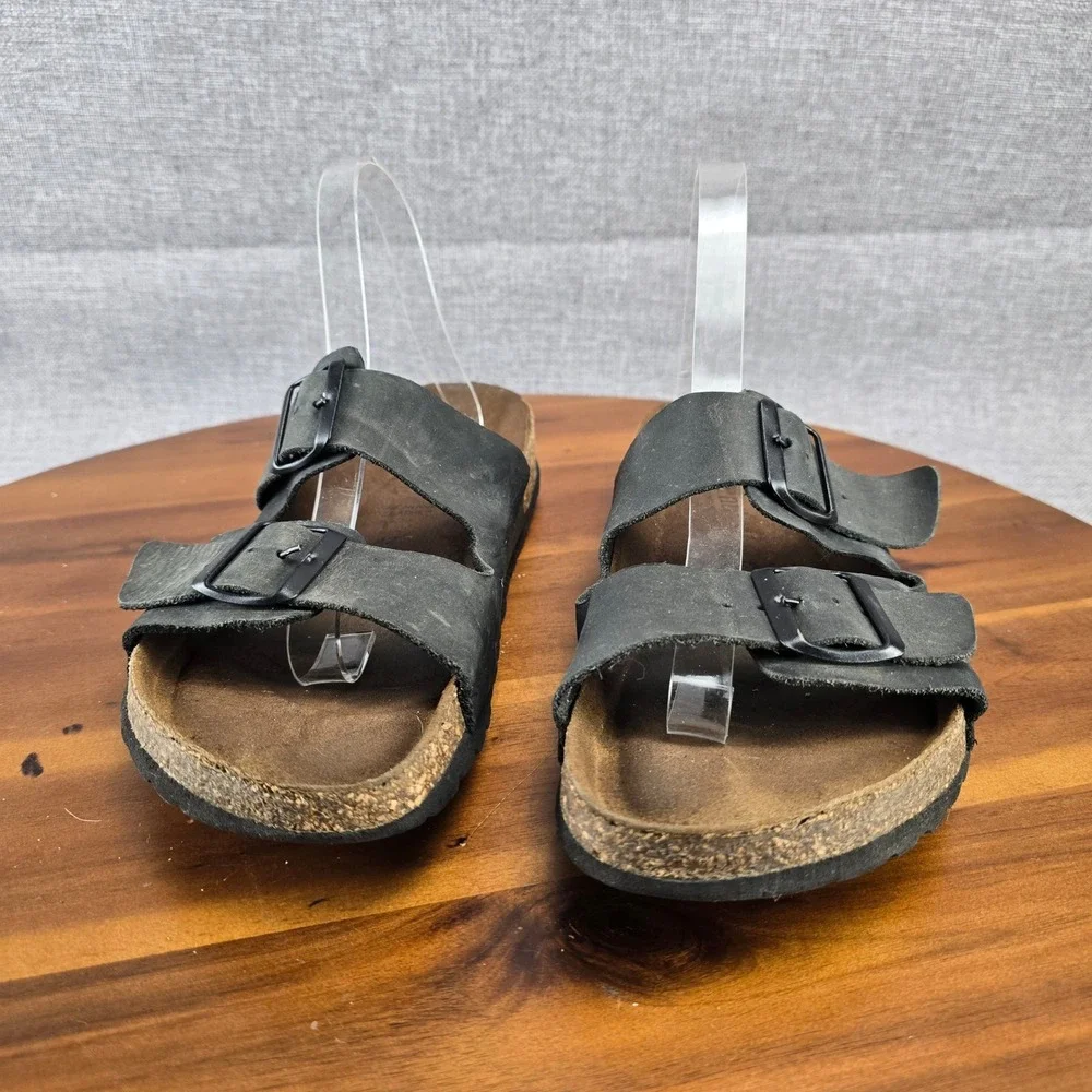 Aurenti Genuine Leather Black Double Strap Buckle Cork Footbed SlideSandals SZ11